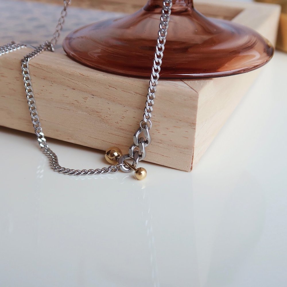 NEW Two Tone 18K Gold Plated Link Chain Gold Ball Bar Necklace - Picture 8 of 11